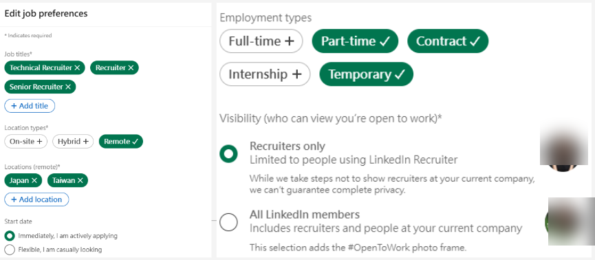 LinkedIn 求職偏好設定頁面示意：職稱、地點類型、可見範圍等欄位